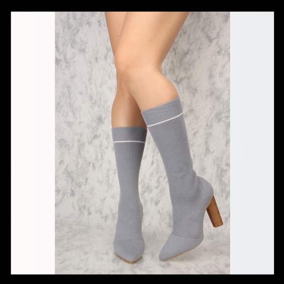 Grey Mid Calf Knit Chunky Heel Booties - Picture 3 of 6